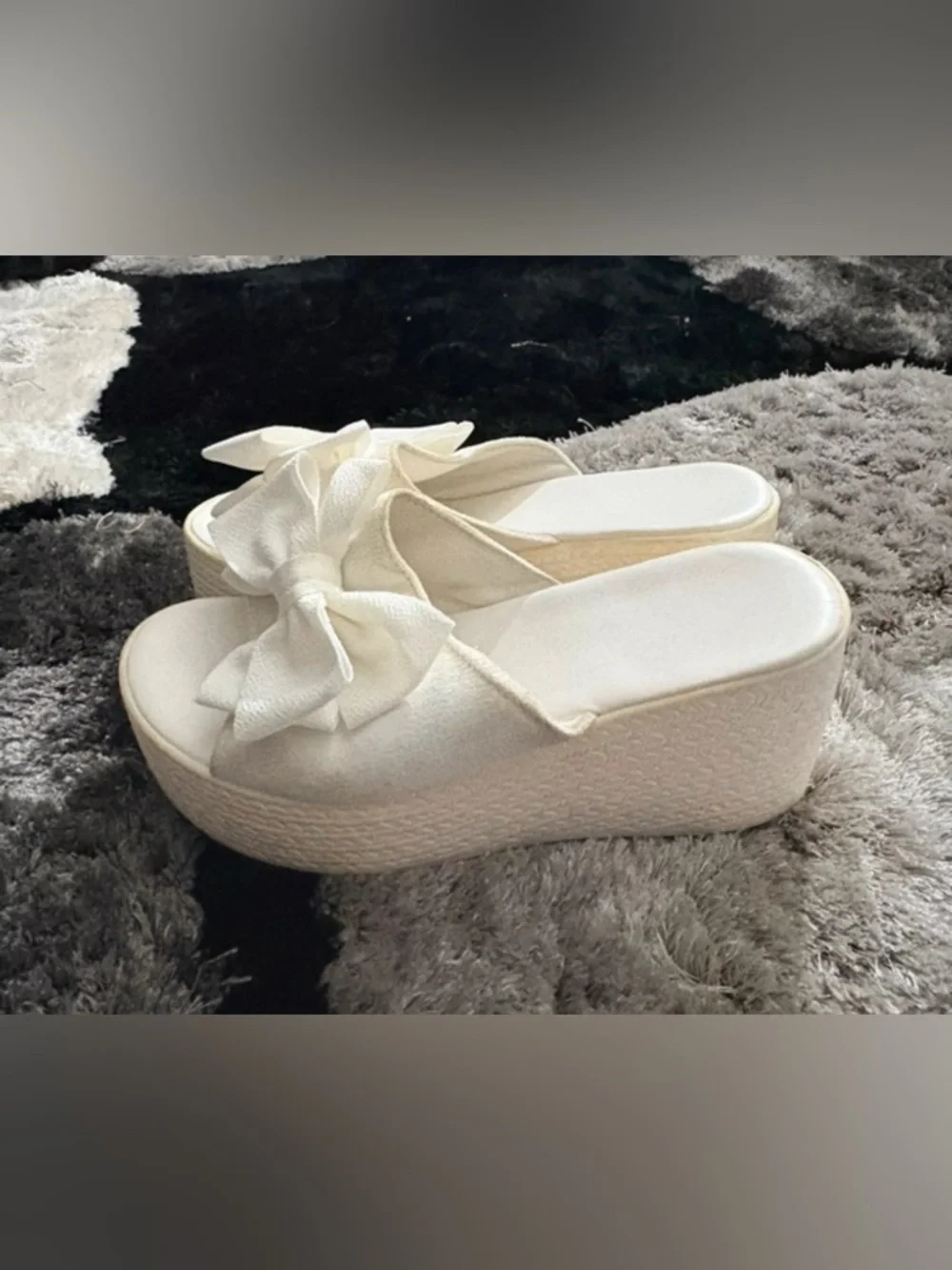New-9 White Bow Espadrille Platform Slide Sandals - Women